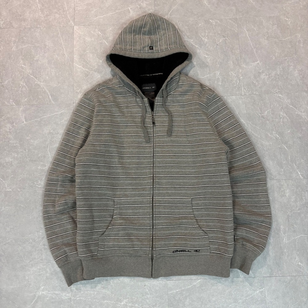 O'Neill Mens Grey Striped Sherpa Lined Full Zip Hoodie Sweatshirt Medium RN85773